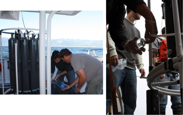 MPSL analysts John Negrey and Chris Beebe collect CTD water samples (Photos by Diana Steller)